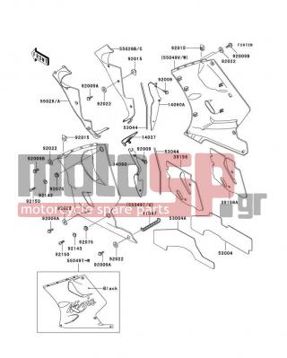KAWASAKI - NINJA® ZX™-11 1995 - Body Parts - Cowling Lowers(ZX1100-D3) - 55028-1298-20 - COWLING,FR,LH,P.P.BLACK MICA