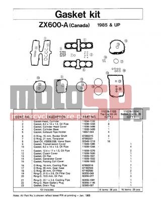 KAWASAKI - NINJA® 600 1986 - Engine/Transmission - GASKET KIT ZX600-A (CANADA) 1985 & UP