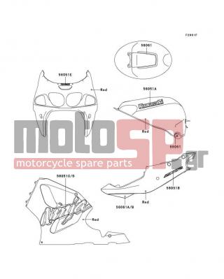 KAWASAKI - NINJA® ZX™-7R 1999 - Body Parts - Decals(Red)(ZX750-P4) - 56061-1665 - PATTERN,SIDE COVER,LH