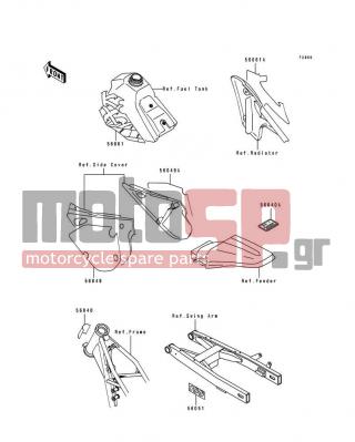 KAWASAKI - KX100 1995 - Body Parts - Labels(KX100-B5) - 56049-1708 - PATTERN,SIDE COVER,RH