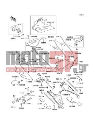 KAWASAKI - NINJA® ZX™-11 1995 - Body Parts - Cowling(ZX1100-D3) - 55022-1074-20 - COVER-HEAD LAMP,P.P.BLACK MICA