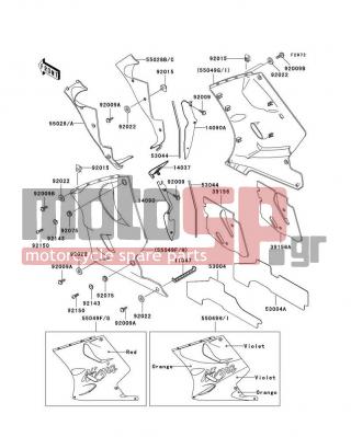 KAWASAKI - NINJA® ZX™-11 1993 - Body Parts - Cowling Lowers(ZX1100-D1) - 55049-5201-VR - COWLING.,LWR,RH,VIOLET/ORANGE