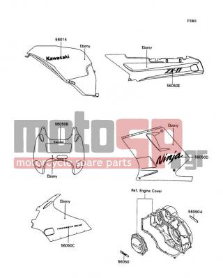 KAWASAKI - NINJA® ZX™-11 1990 - Body Parts - Decal(Ebony)(ZX1100-C1) - 56050-1095 - MARK,ENGINE COVER,RH