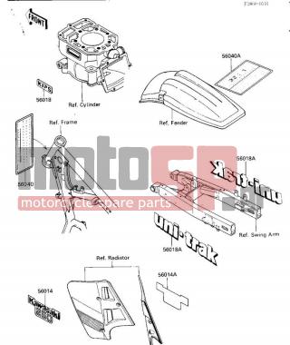 KAWASAKI - KX250 1987 - Body Parts - LABELS - 56018-1910 - MARK,SWING ARM,UNI-TR