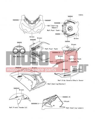 KAWASAKI - NINJA® ZX™-14R 2012 - Body Parts - Decals(Green)(ECFA) - 56069-1855 - PATTERN,TANK,UPP,LH