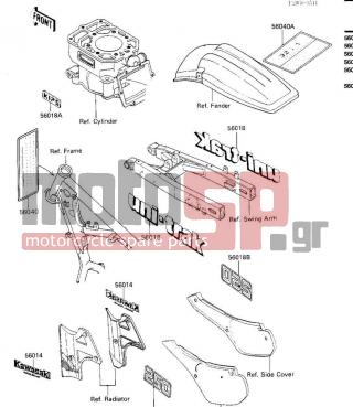 KAWASAKI - KX250 1986 - Body Parts - LABELS - 56018-1364 - MARK,SWING ARM,UNI-T