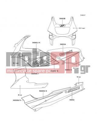 KAWASAKI - NINJA® 500R 2002 - Body Parts - Decals(Silver)(EX500-D9)(CN) - 56065-1596 - PATTERN,UPP COWLING,RR,RH