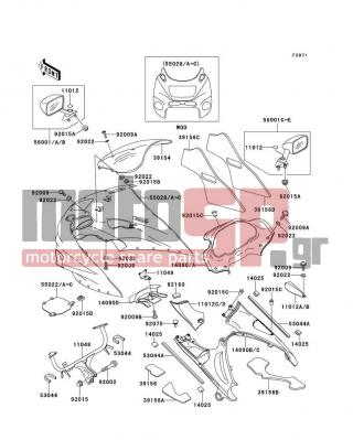 KAWASAKI - NINJA® ZX™-11 2001 - Body Parts - Cowling - 56001-1391-P5 - MIRROR-ASSY,RH,L.V.RED