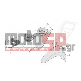 Aprilia - SCARABEO 100 4T E2 2003 - Body Parts - Bodywork FRONT II - AP8258754 - Λογότυπο κόκκιν.